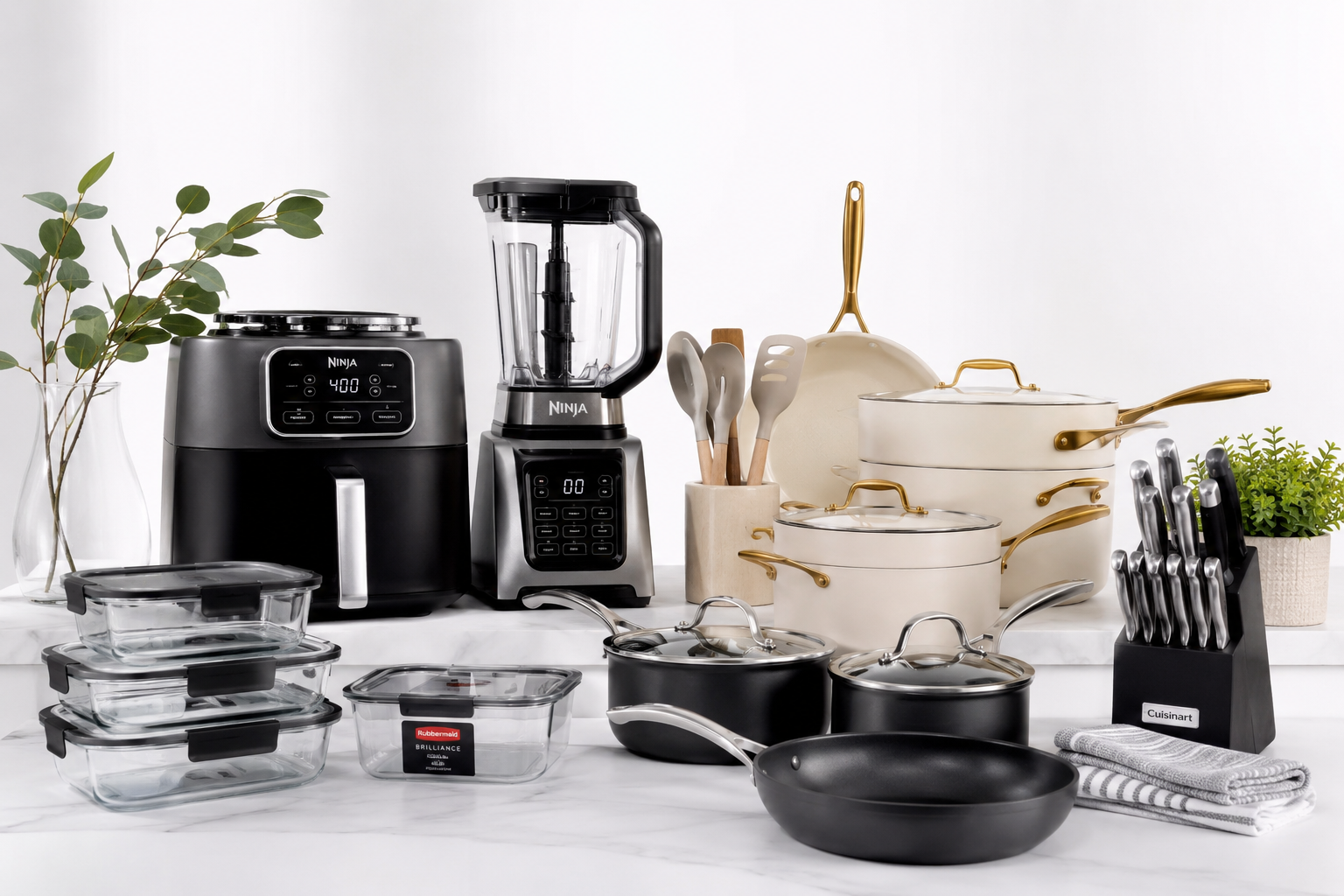 Cozinha moderna com utensílios domésticos e eletroportáteis para comparativos e recomendações de produtos.