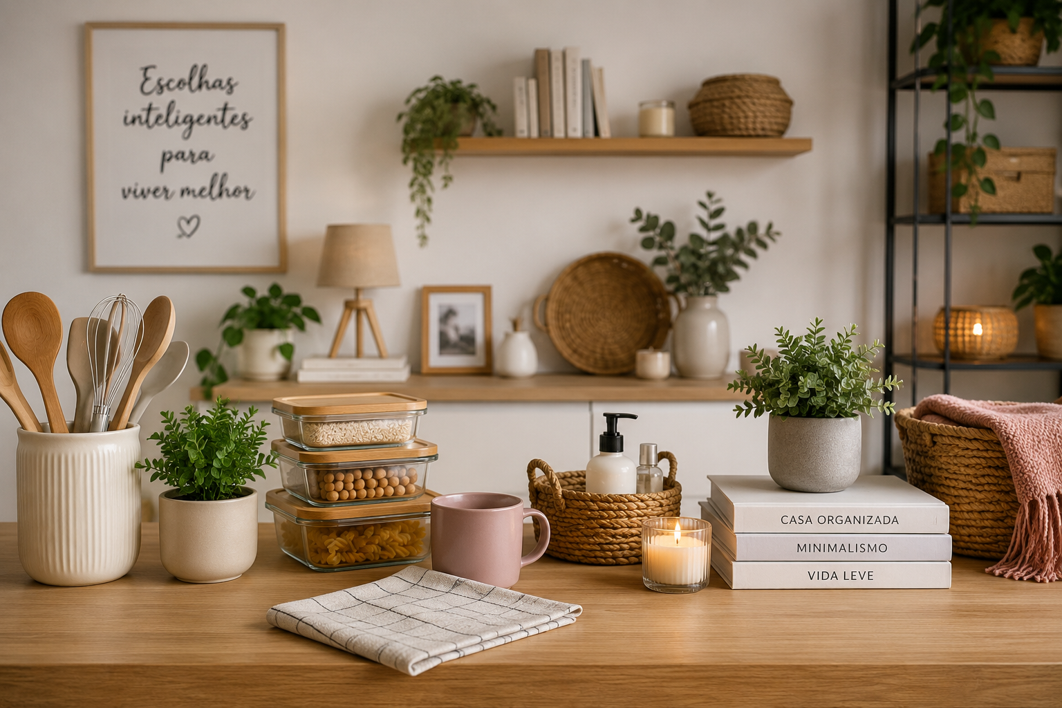 Ambiente organizado com utensílios de cozinha, itens para casa e decoração, representando escolhas inteligentes para o lar.