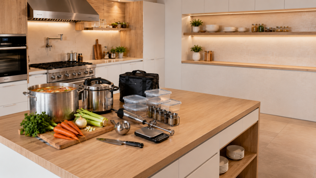 Equipamentos essenciais para vender sopas em uma cozinha organizada com panela grande, panela de pressão, mixer, recipientes e utensílios para produção.