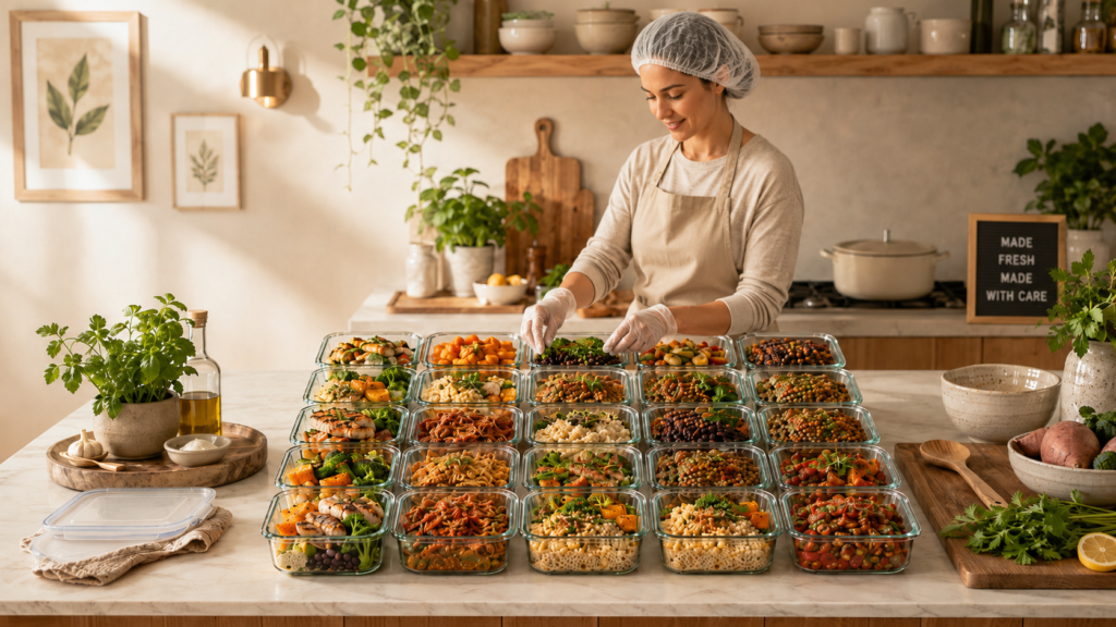 20 marmitas fitness para congelar gastando pouco organizadas em potes de vidro sobre uma bancada de cozinha moderna.