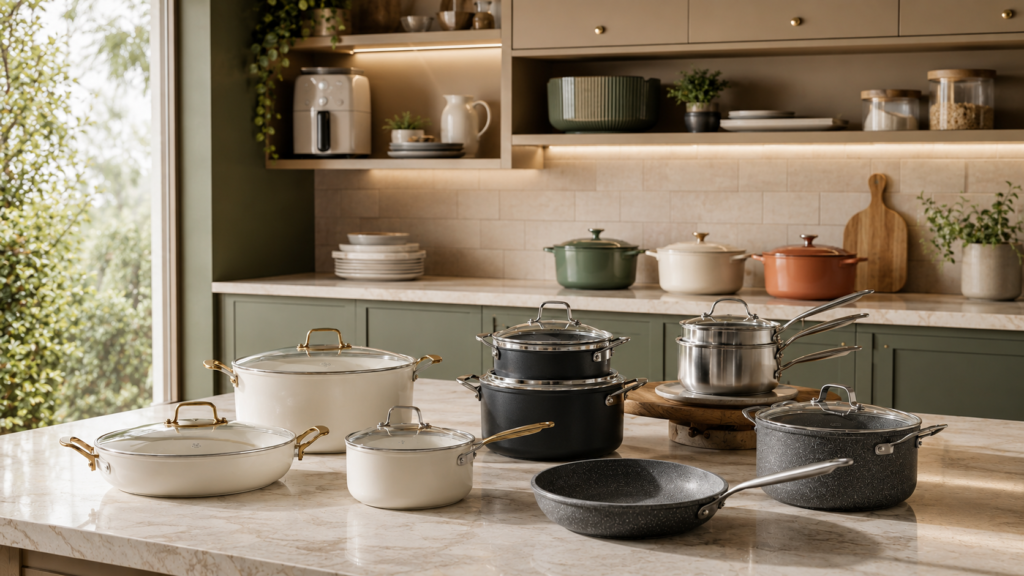 Melhores jogos de panelas para cozinhas modernas, incluindo modelos de cerâmica, granito, inox e antiaderentes para uso diário.