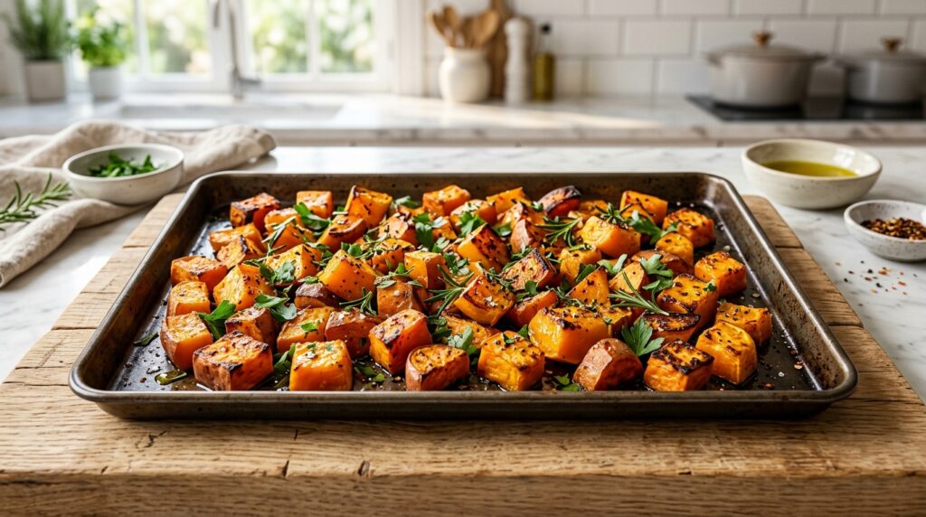 Batata-doce e abóbora preparadas para marmitas fitness congeladas.