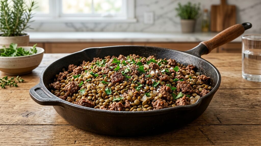 Carne moída com lentilha preparada para marmitas fitness congeladas.