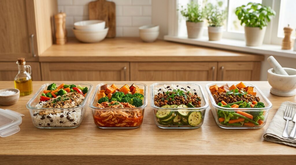 Quatro combinações de marmitas fitness preparadas com frango, carne moída, arroz, feijão, batata-doce, abóbora e legumes.