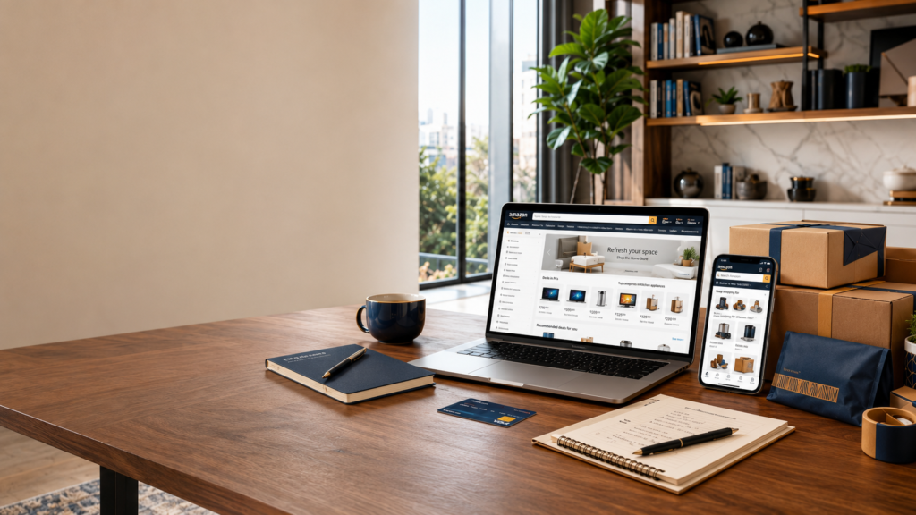 Imagem ilustrativa de um ambiente moderno representando compras seguras na Amazon. A composição apresenta notebook, smartphone, caixas de entrega e acessórios de escritório, simbolizando segurança, praticidade e confiança nas compras online. Esta imagem acompanha o guia completo do Edna Seleciona sobre como comprar com segurança na Amazon em 2026.