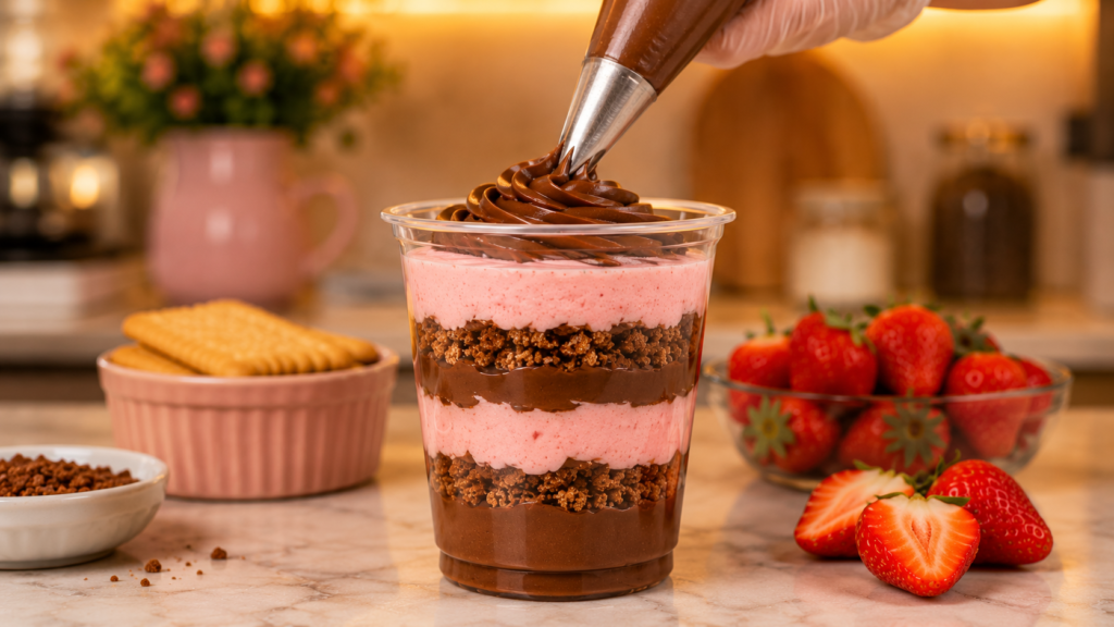 Copo da felicidade para vender com camadas de morango e chocolate em copos transparentes