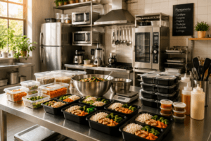 Cozinha de marmitas moderna equipada com utensílios essenciais para preparar marmitas fitness com organização, eficiência e baixo investimento.