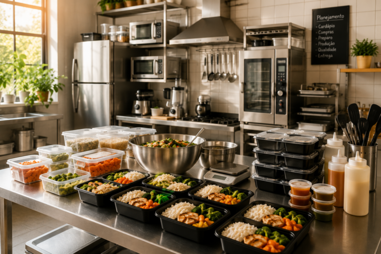 Cozinha de marmitas moderna equipada com utensílios essenciais para preparar marmitas fitness com organização, eficiência e baixo investimento.