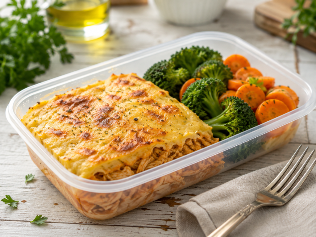 Marmita fitness de escondidinho fit de frango com purê de batata-doce e legumes para vender.