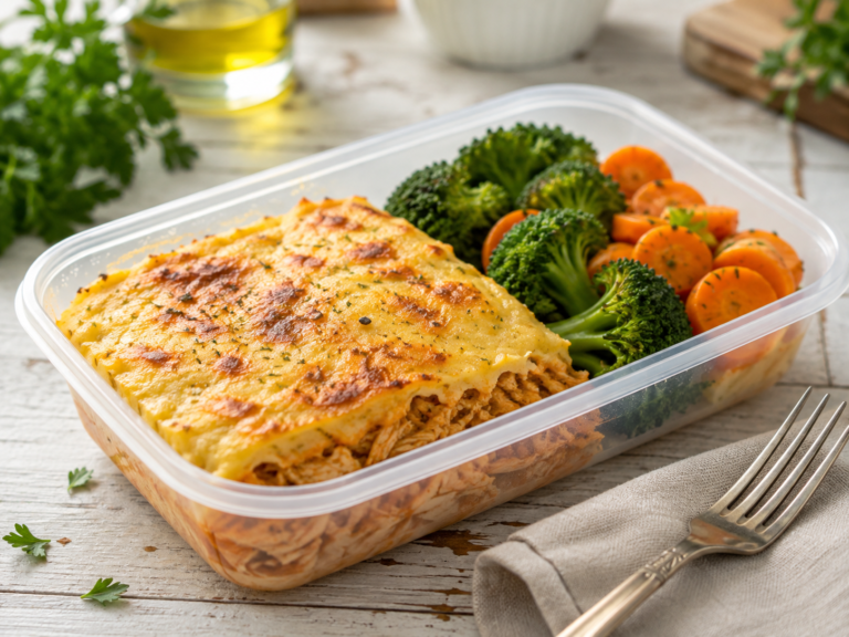 Marmita fitness de escondidinho fit de frango com purê de batata-doce e legumes para vender.