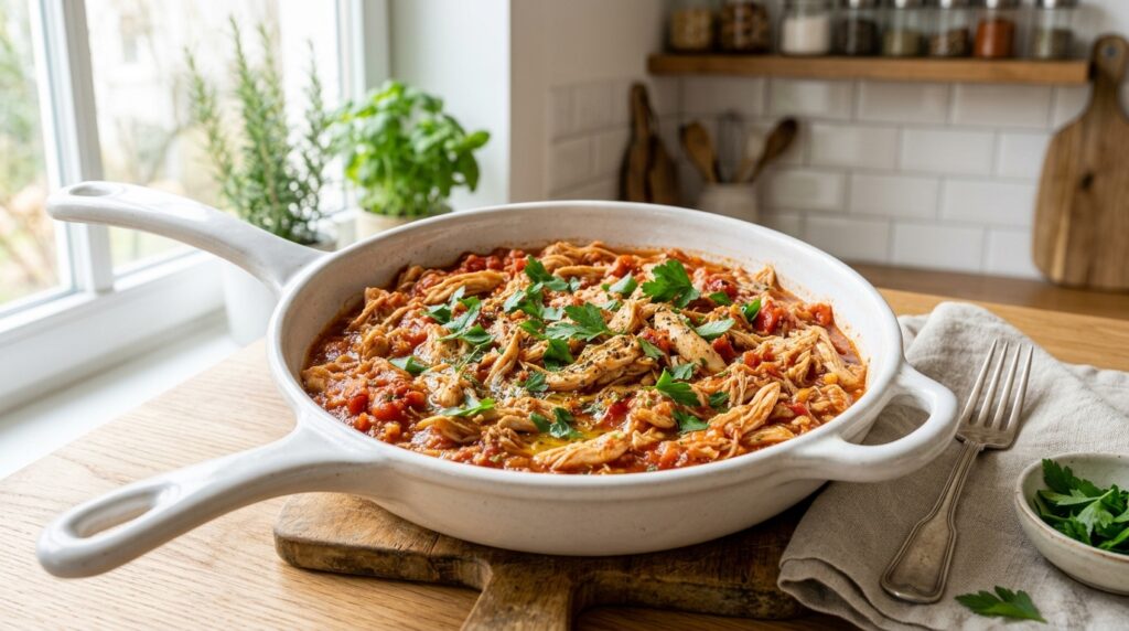Frango desfiado ao molho de tomate preparado para marmitas fitness.