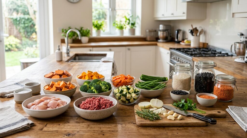 Ingredientes organizados sobre a bancada para preparar 20 marmitas fitness para congelar gastando pouco.