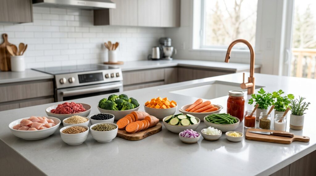 Ingredientes organizados para preparar 20 marmitas fitness para congelar gastando pouco.