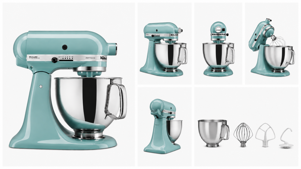 Batedeira KitchenAid Artisan 5 Litros Aqua Sky vista em diferentes ângulos com acessórios originais.