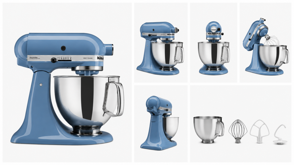 Batedeira KitchenAid Artisan 5 Litros Azul Veludo Fosco vista em diferentes ângulos com acessórios originais.