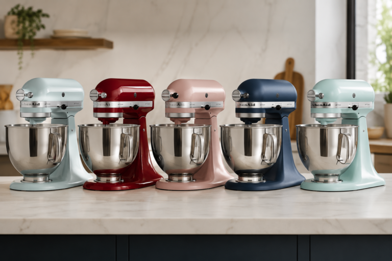 Batedeira KitchenAid Artisan de 5 litros disponível em cinco cores diferentes para cozinhas modernas.