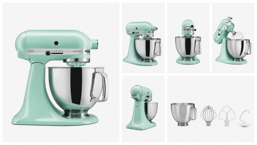 Batedeira KitchenAid Artisan 5 Litros cor Ice vista em diferentes ângulos com acessórios originais.