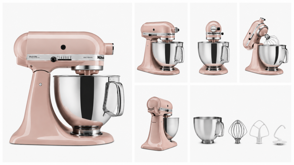 Batedeira KitchenAid Artisan 5 Litros Rosa Seca vista em diferentes ângulos com acessórios originais.