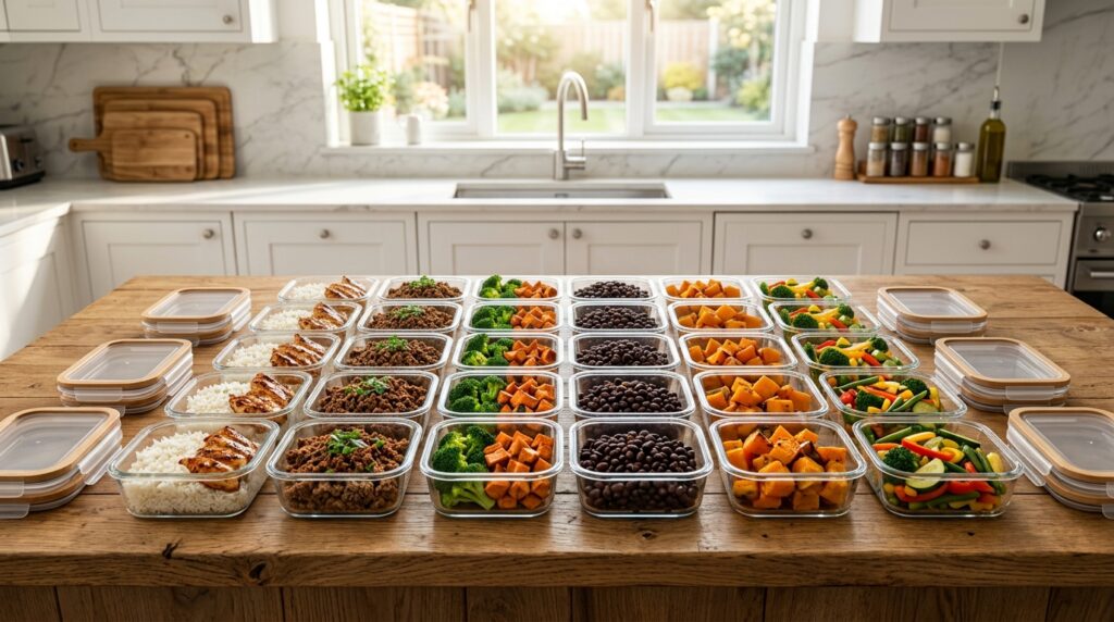 Linha de produção organizada para montagem de marmitas fitness em recipientes próprios para congelamento.