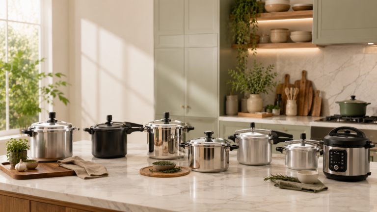 Melhor panela de pressão com modelos de alumínio, inox e elétrica organizados sobre uma bancada de cozinha moderna.