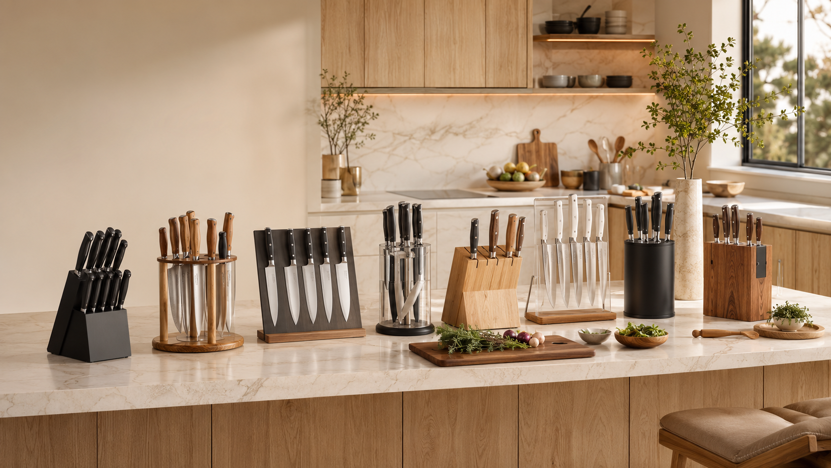 Os melhores jogos de facas para cozinha organizados em uma bancada de madeira em uma cozinha moderna.