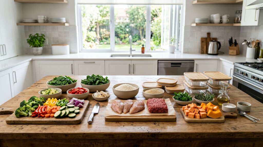 Ingredientes e utensílios organizados sobre uma bancada para iniciar a produção de marmitas fitness.
