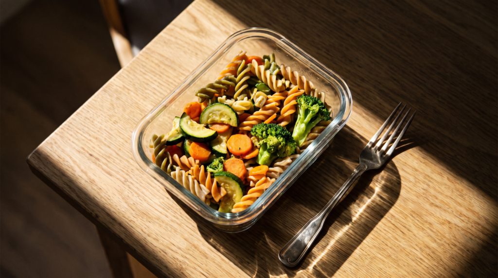 Marmita fitness de macarrão integral com legumes em pote de vidro