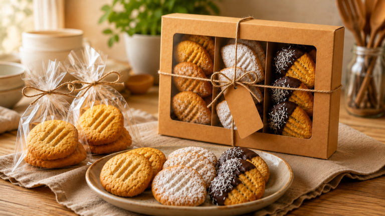 Biscoitinho de nata para vender em três versões: tradicional, açucarado e com chocolate e coco, apresentados em embalagens para venda.