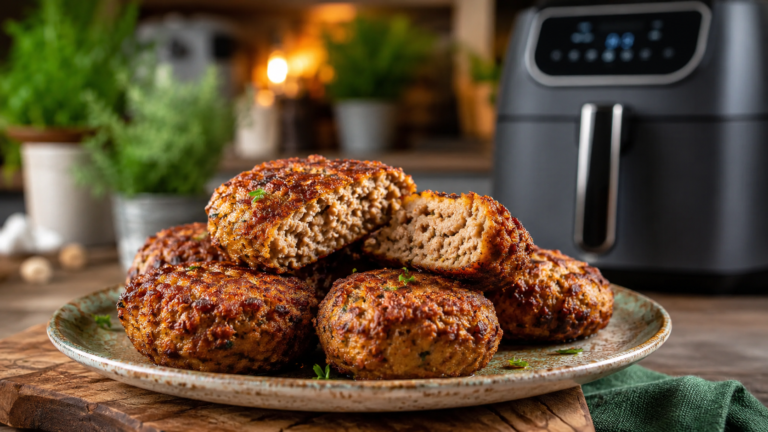 Bolinho de carne moída fit na airfryer dourado e crocante, servido em prato rústico