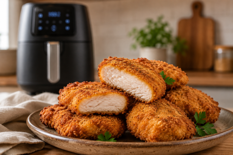 Pedaços de frango empanado crocante e dourado feitos na airfryer, servidos em prato de cerâmica