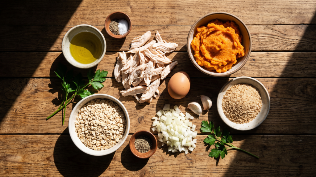 Ingredientes da coxinha fit na airfryer: frango desfiado, batata-doce, aveia e temperos