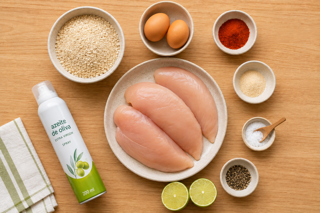 Ingredientes organizados para fazer frango empanado crocante na airfryer: frango, ovos, farinha e temperos