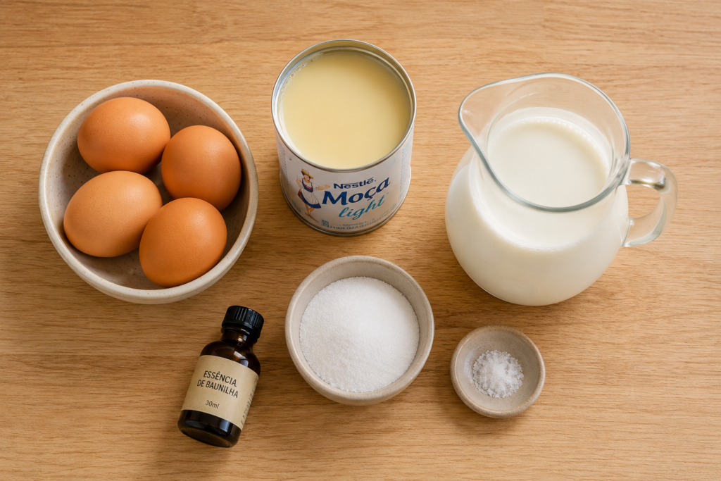 Ingredientes do pudim fit na airfryer: ovos, leite condensado light e adoçante