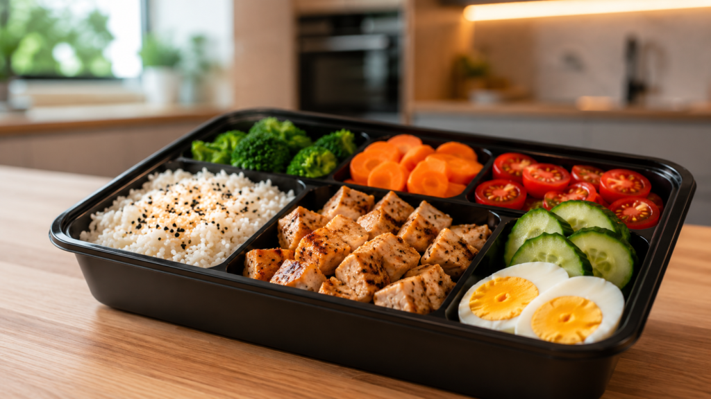 Marmita fitness para vender estilo bento japonês com frango grelhado, arroz temperado, legumes frescos e ovo cozido organizados em compartimentos.