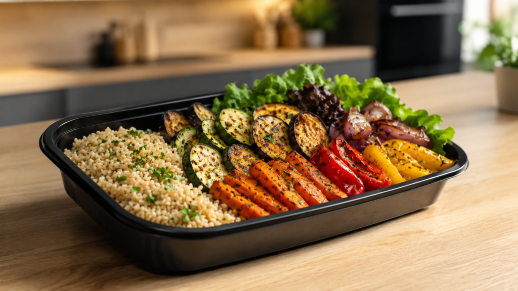 Marmita fitness para vender preparada com legumes assados, arroz integral e salada fresca, ideal para um cardápio saudável.