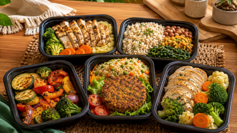 Cinco marmitas fitness para vender organizadas sobre uma bancada de cozinha, incluindo marmita de hambúrguer de grão-de-bico, frango fitness, legumes assados, low carb e estilo bento japonês.