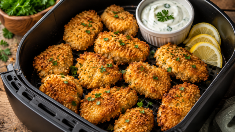 Nuggets de frango fit na air fryer dourados e crocantes servidos em travessa com molho de iogurte