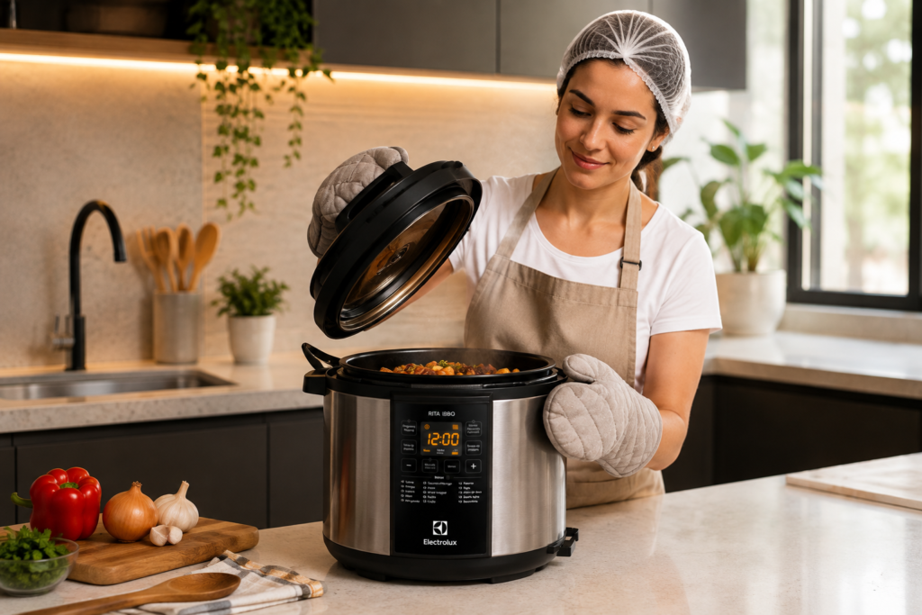 Mulher na cozinha abrindo uma panela de pressão elétrica Electrolux 6L fumegante