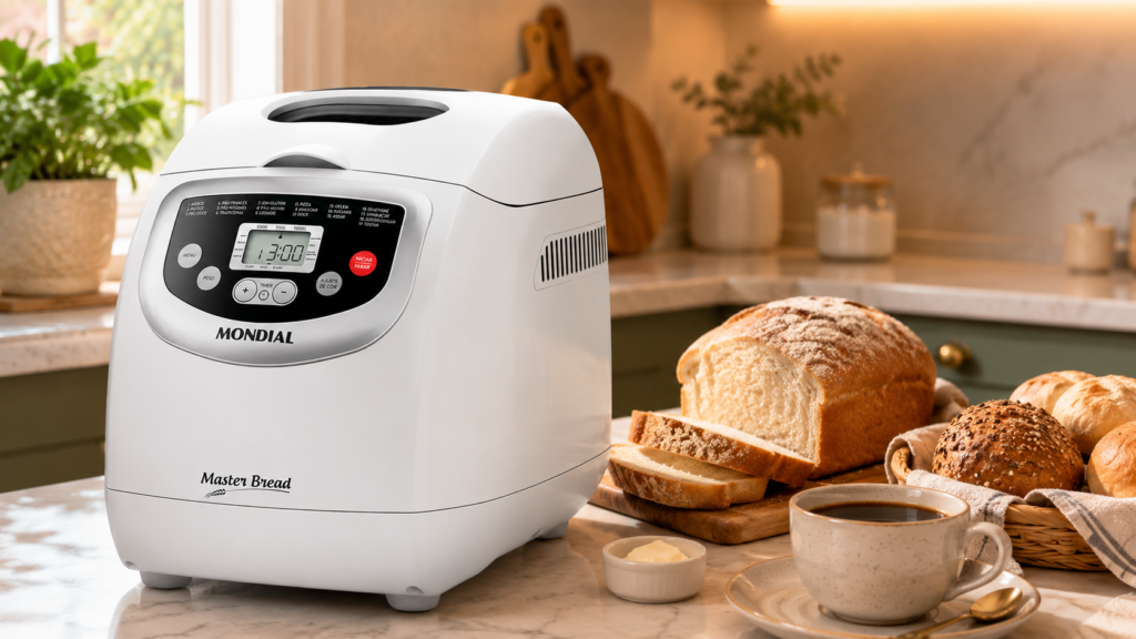 Panificadora Mondial Master Bread NPF-54 branca sobre bancada de cozinha
