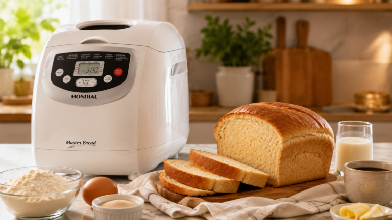 Panificadora Mondial Master Bread ao lado de pão caseiro fatiado, farinha, ovo, leite e café sobre uma bancada de cozinha.