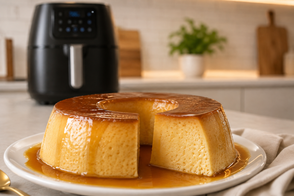 Pudim fit na airfryer cremoso, desenformado com calda de caramelo escorrendo