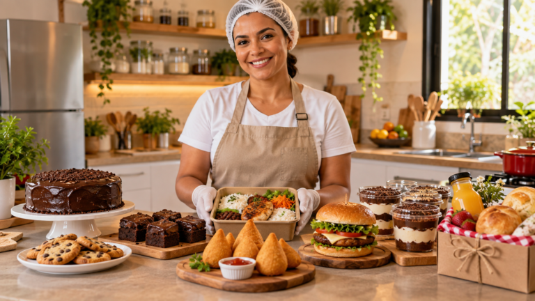 Mulher em cozinha organizada apresentando diferentes comidas para vender em casa, como marmita, bolo, brownies, salgados, hambúrguer, sobremesas no pote e cesta de café da manhã.