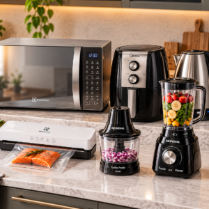 6 aparelhos práticos para cozinha com micro-ondas, Air Fryer, chaleira elétrica, seladora a vácuo, liquidificador e mini processador.