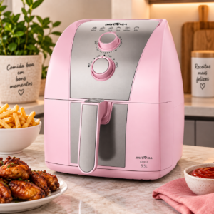 Air Fryer Britânia BAFE53 rosa 5,5L Pinkstone 1500W sobre bancada de cozinha