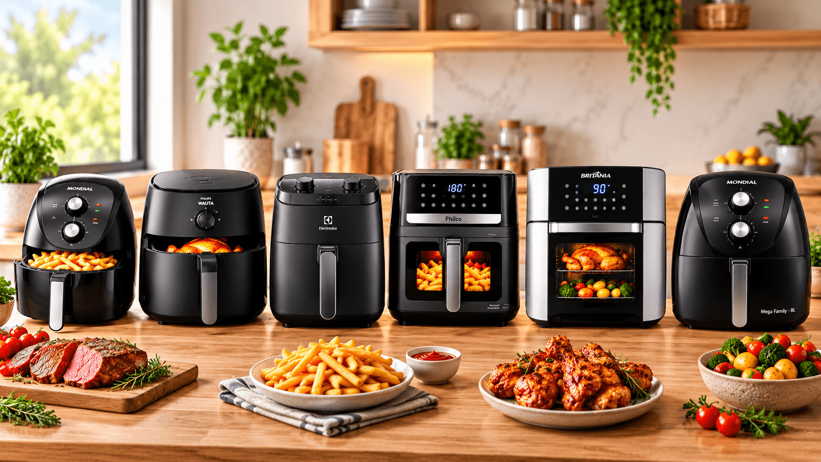 Air fryers mais vendidas no Brasil em 2026 comparadas em diferentes tamanhos e modelos