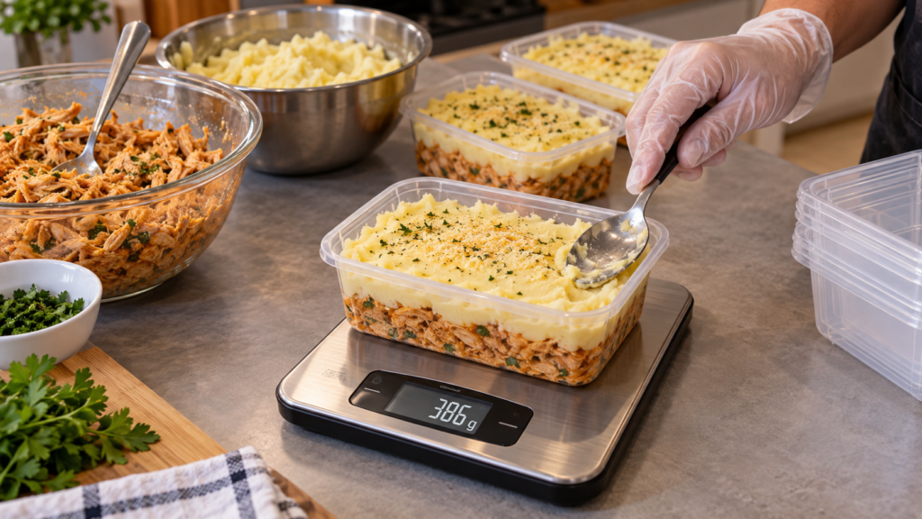 Balança digital usada para padronizar escondidinho de frango com purê de batata para vender
