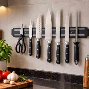 Barra magnética para facas instalada na parede da cozinha com facas e utensílios organizados.