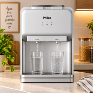 Bebedouro Philco PBE18 20L com água gelada e natural sobre bancada de cozinha