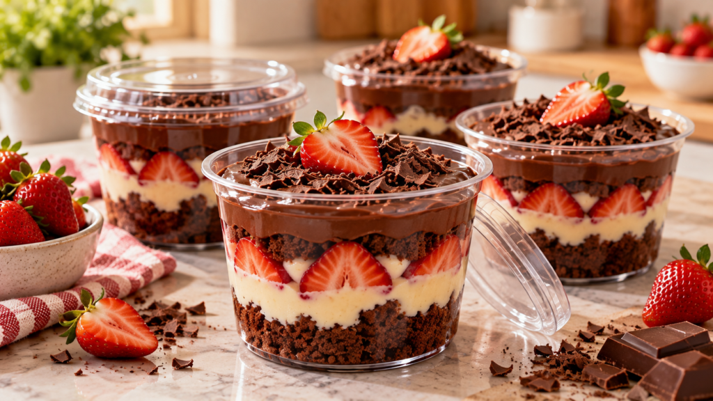 Bolo no pote de chocolate com morango para vender, em copos transparentes com camadas de bolo, creme, morango e cobertura de chocolate.