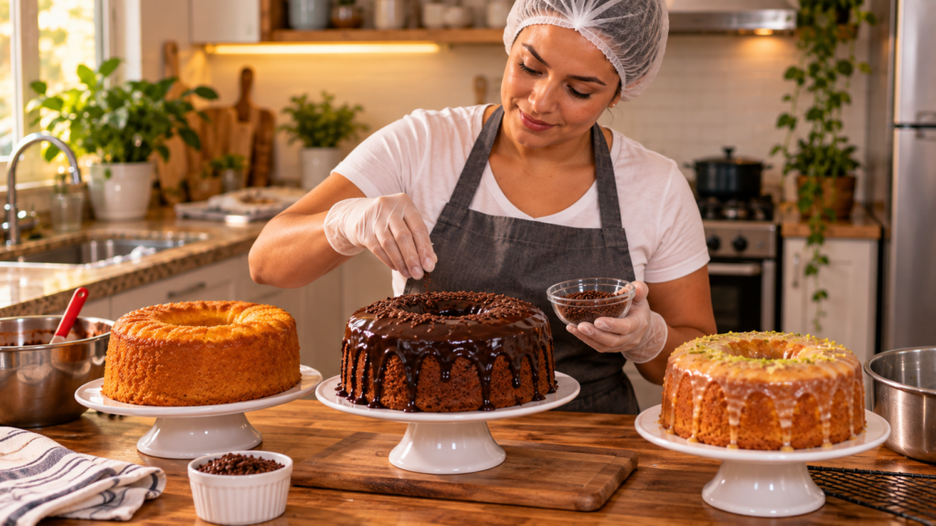 Mulher em cozinha organizada preparando bolos caseiros de diferentes sabores para venda, usando avental, luvas e touca.